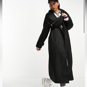 NEW ASOS DESIGN oversized rubberized rain hooded trench with belt Size:L